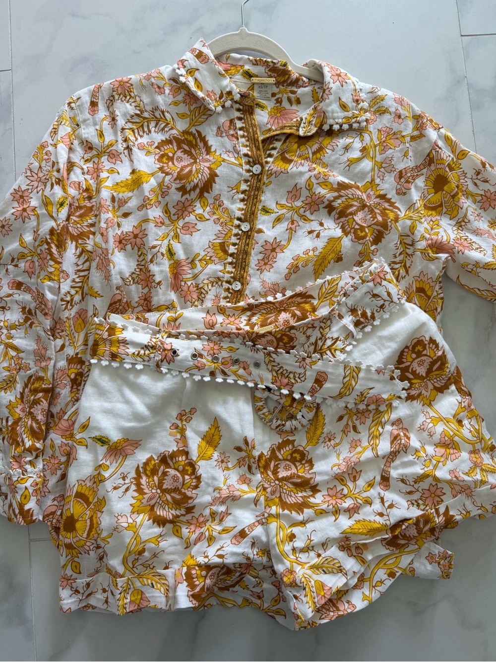 Magaschoni Floral Button-Down Shirt in Mustard & Blush